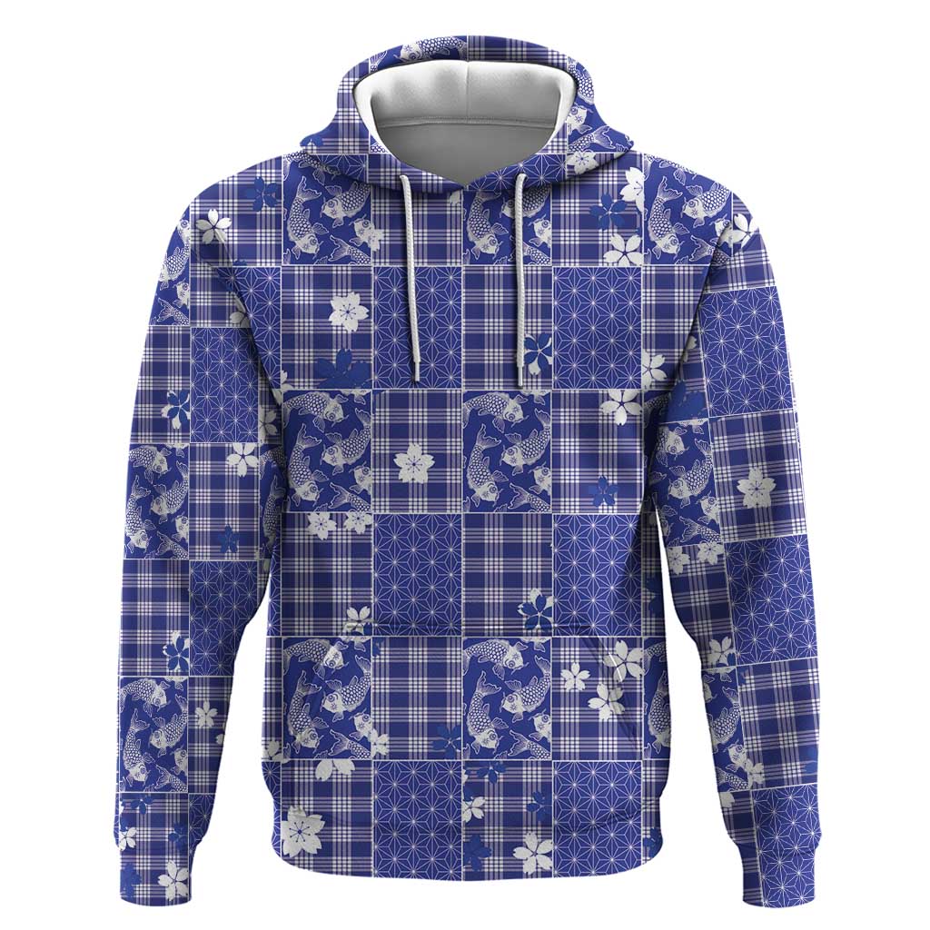 Blue Palaka Japanese Patterns Hoodie Koi Fish Asanoha Sakura Patchwork Stylized - Polynesian Pride