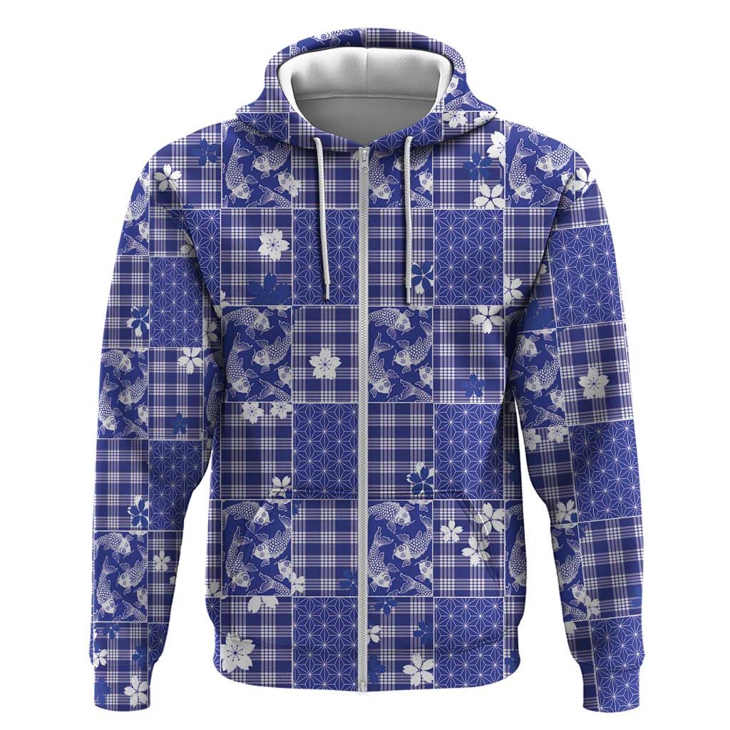 Blue Palaka Japanese Patterns Hoodie Koi Fish Asanoha Sakura Patchwork Stylized - Polynesian Pride