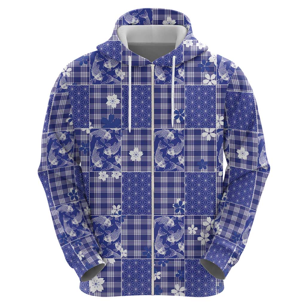 Blue Palaka Japanese Patterns Hoodie Koi Fish Asanoha Sakura Patchwork Stylized - Polynesian Pride