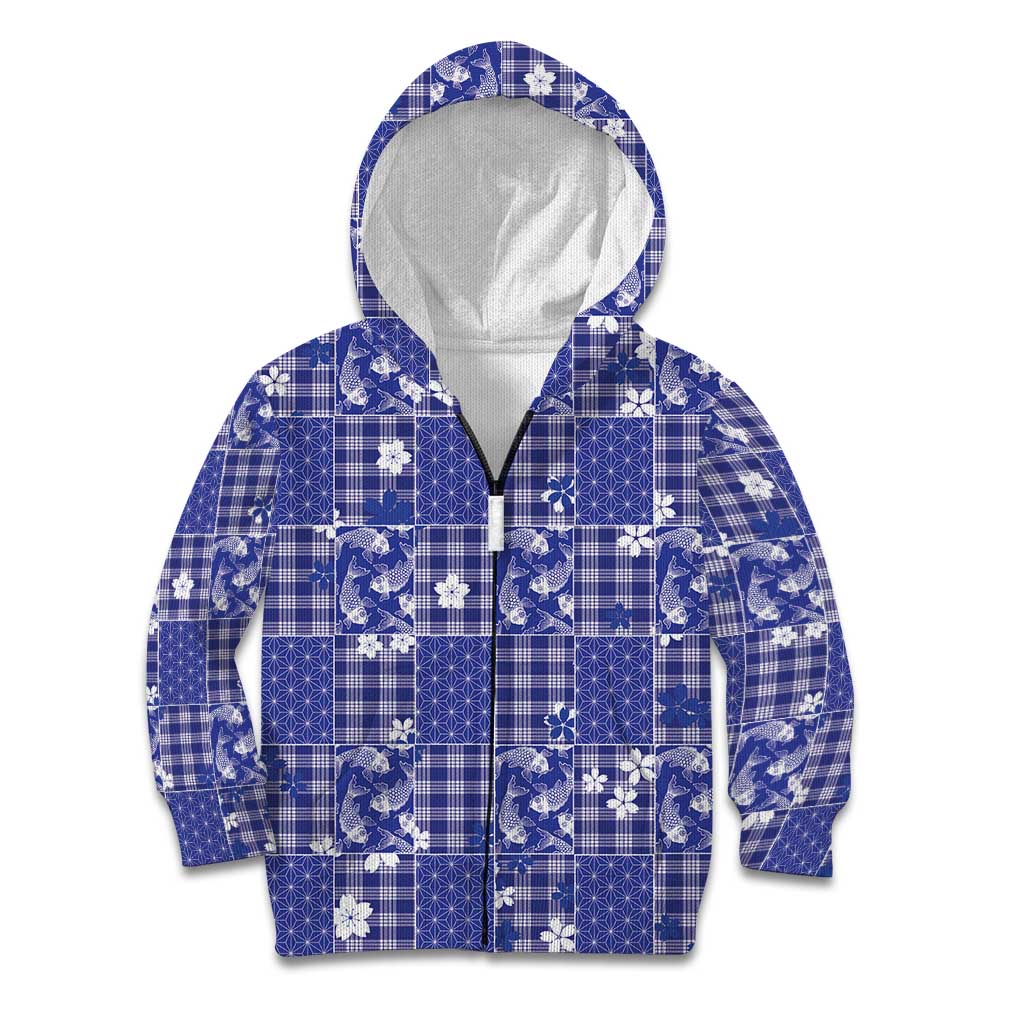 Blue Palaka Japanese Patterns Kid Hoodie Koi Fish Asanoha Sakura Patchwork Stylized - Polynesian Pride