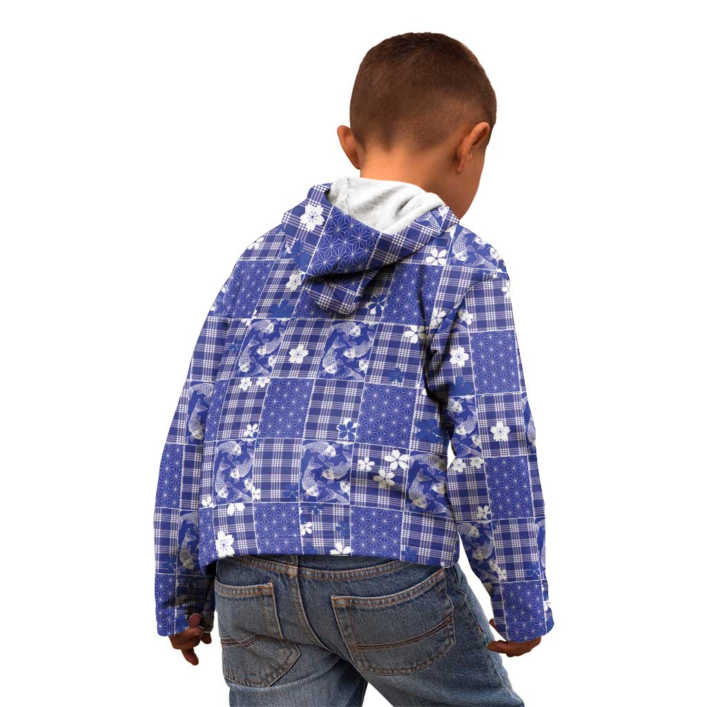Blue Palaka Japanese Patterns Kid Hoodie Koi Fish Asanoha Sakura Patchwork Stylized - Polynesian Pride