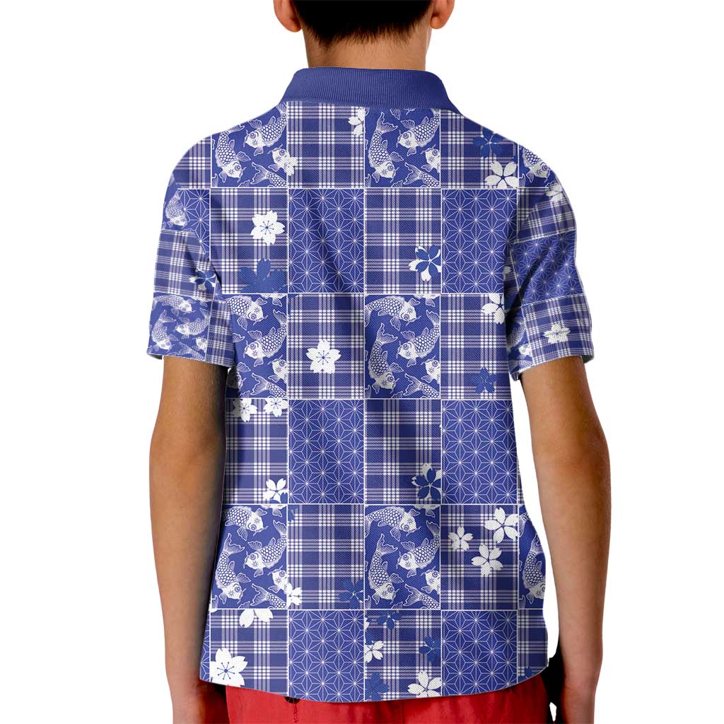 Blue Palaka Japanese Patterns Kid Polo Shirt Koi Fish Asanoha Sakura Patchwork Stylized - Polynesian Pride