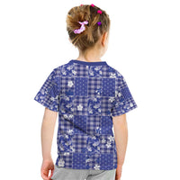 Blue Palaka Japanese Patterns Kid T Shirt Koi Fish Asanoha Sakura Patchwork Stylized - Polynesian Pride