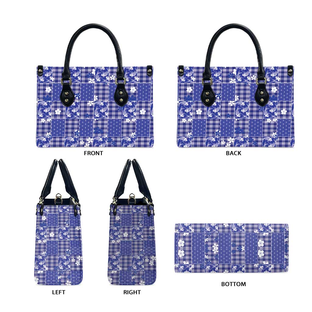 Blue Palaka Japanese Patterns Leather Bag Koi Fish Asanoha Sakura Patchwork Stylized - Polynesian Pride