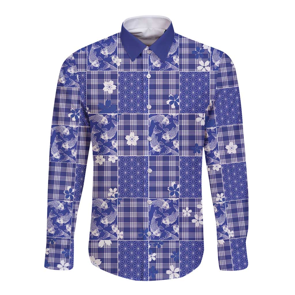 Blue Palaka Japanese Patterns Long Sleeve Button Shirt Koi Fish Asanoha Sakura Patchwork Stylized - Polynesian Pride