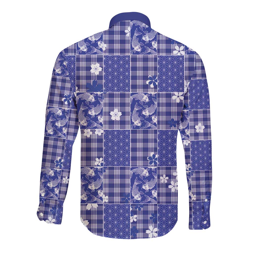 Blue Palaka Japanese Patterns Long Sleeve Button Shirt Koi Fish Asanoha Sakura Patchwork Stylized - Polynesian Pride