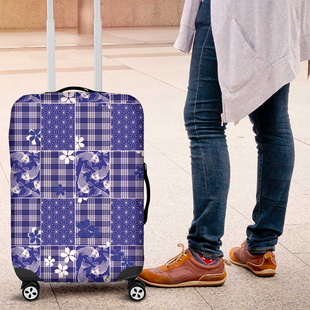 Blue Palaka Japanese Patterns Luggage Cover Koi Fish Asanoha Sakura Patchwork Stylized - Polynesian Pride