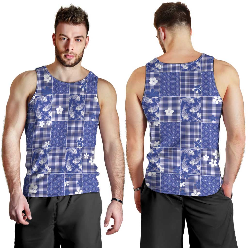 Blue Palaka Japanese Patterns Men Tank Top Koi Fish Asanoha Sakura Patchwork Stylized - Polynesian Pride