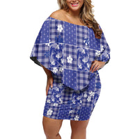 Blue Palaka Japanese Patterns Off Shoulder Short Dress Koi Fish Asanoha Sakura Patchwork Stylized - Polynesian Pride