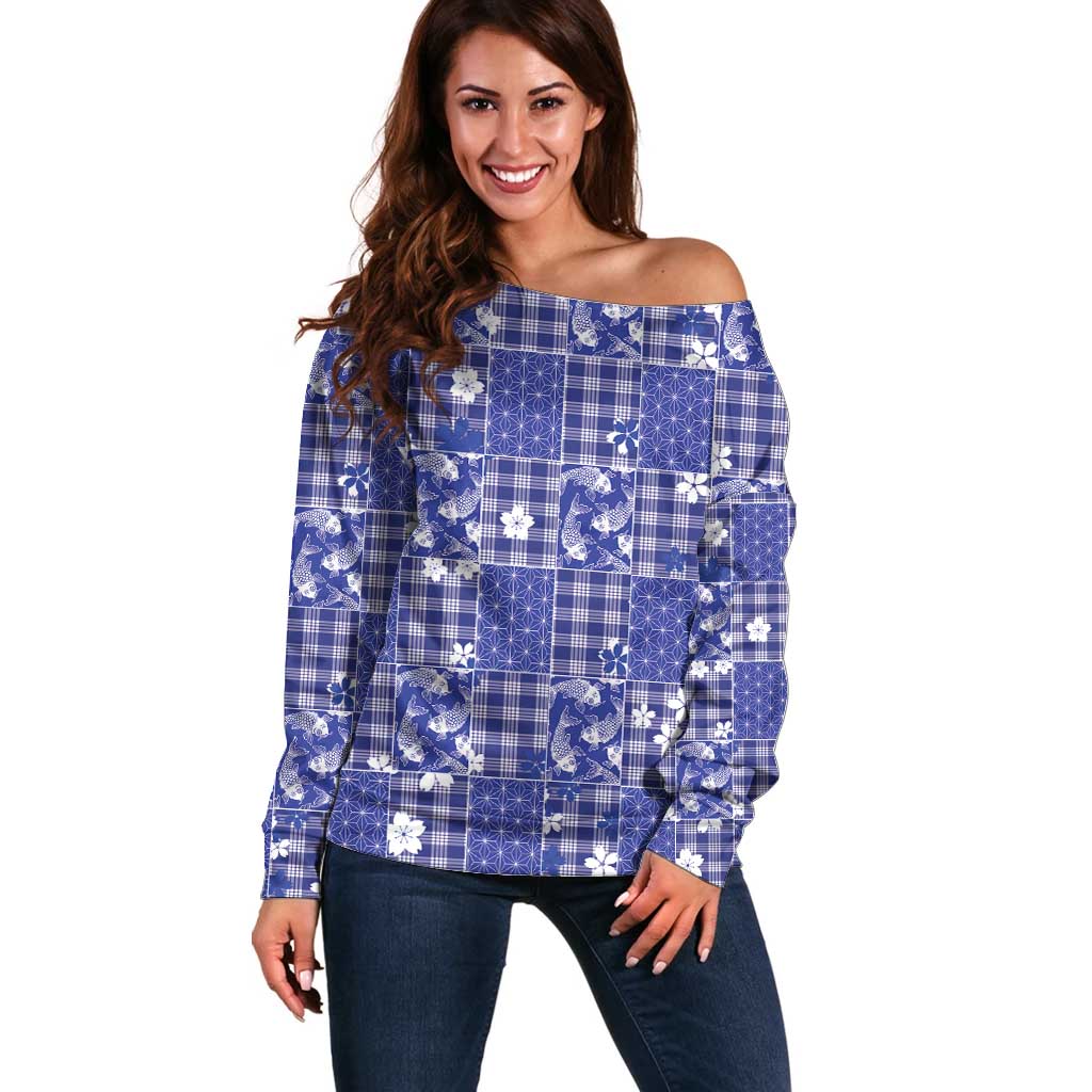 Blue Palaka Japanese Patterns Off Shoulder Sweater Koi Fish Asanoha Sakura Patchwork Stylized - Polynesian Pride
