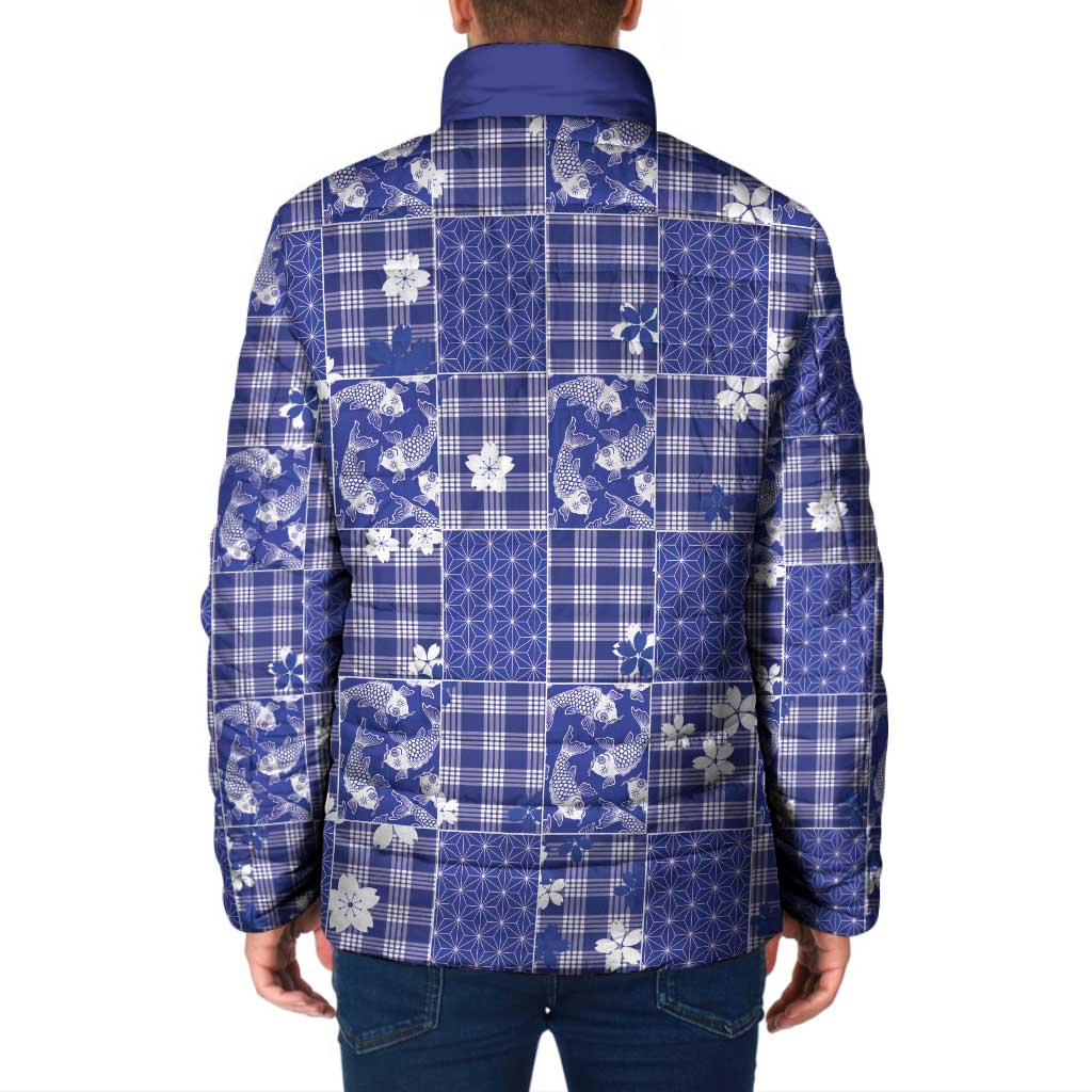 Blue Palaka Japanese Patterns Padded Jacket Koi Fish Asanoha Sakura Patchwork Stylized - Polynesian Pride