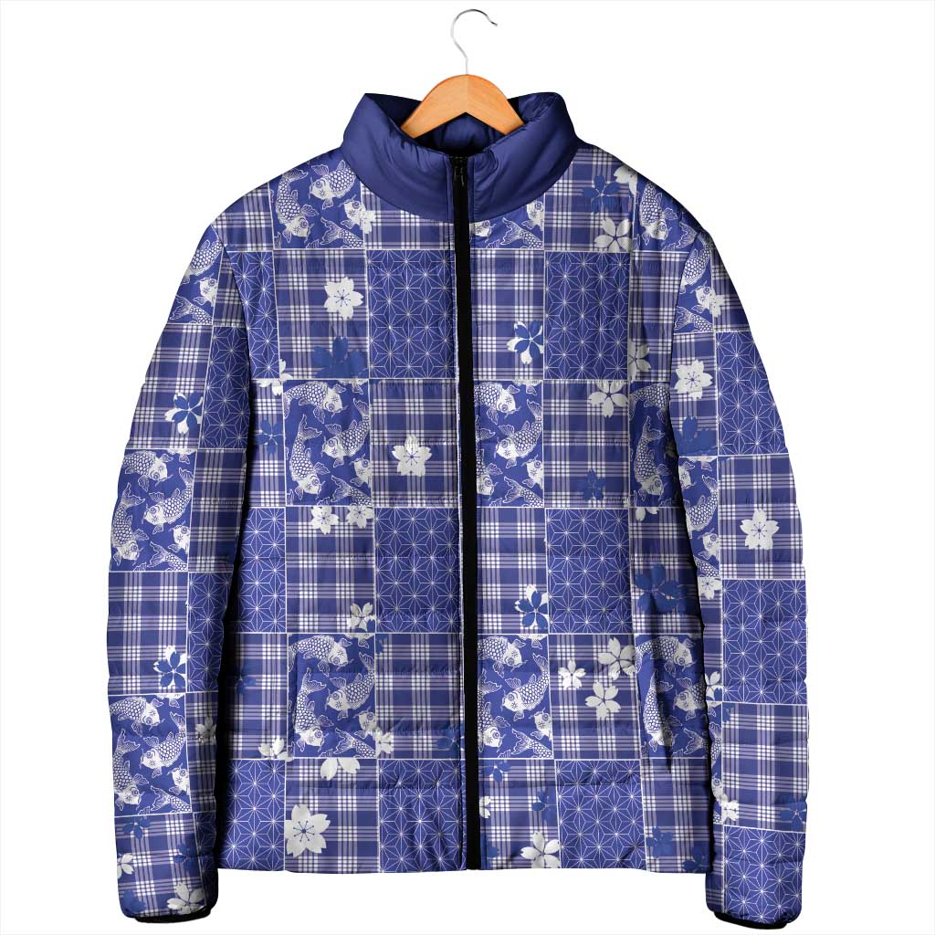Blue Palaka Japanese Patterns Padded Jacket Koi Fish Asanoha Sakura Patchwork Stylized - Polynesian Pride