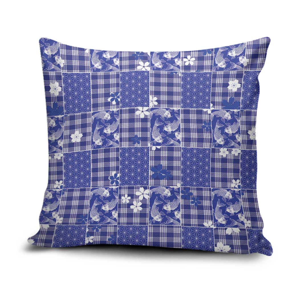 Blue Palaka Japanese Patterns Pillow Cover Koi Fish Asanoha Sakura Patchwork Stylized - Polynesian Pride