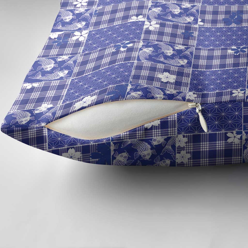 Blue Palaka Japanese Patterns Pillow Cover Koi Fish Asanoha Sakura Patchwork Stylized - Polynesian Pride