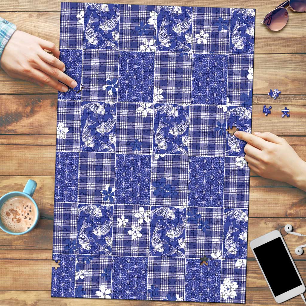 Blue Palaka Japanese Patterns Puzzle Koi Fish Asanoha Sakura Patchwork Stylized - Polynesian Pride
