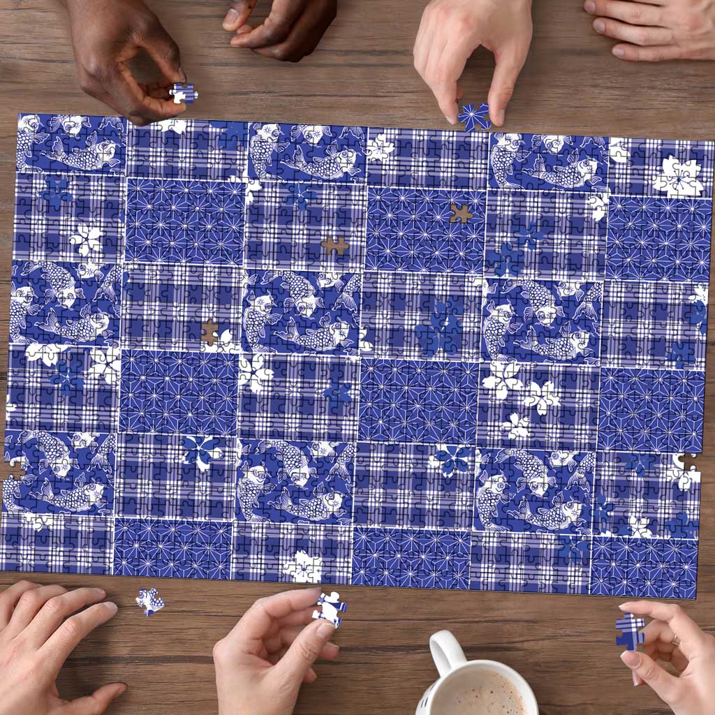 Blue Palaka Japanese Patterns Puzzle Koi Fish Asanoha Sakura Patchwork Stylized - Polynesian Pride