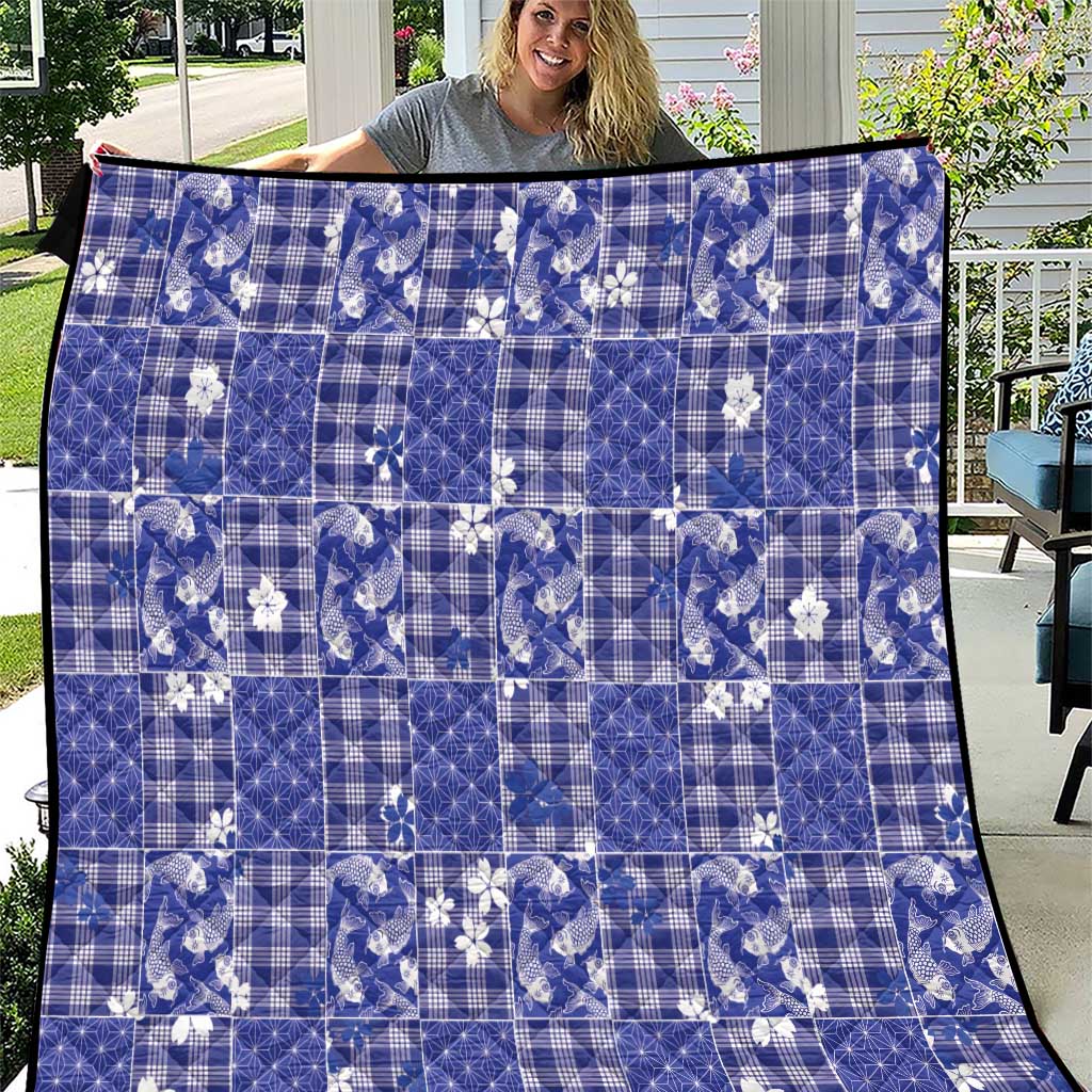 Blue Palaka Japanese Patterns Quilt Koi Fish Asanoha Sakura Patchwork Stylized - Polynesian Pride