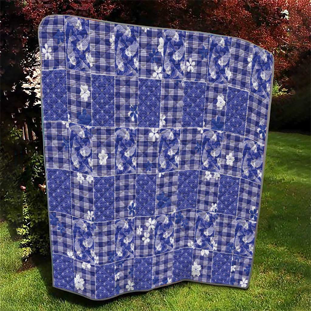 Blue Palaka Japanese Patterns Quilt Koi Fish Asanoha Sakura Patchwork Stylized - Polynesian Pride