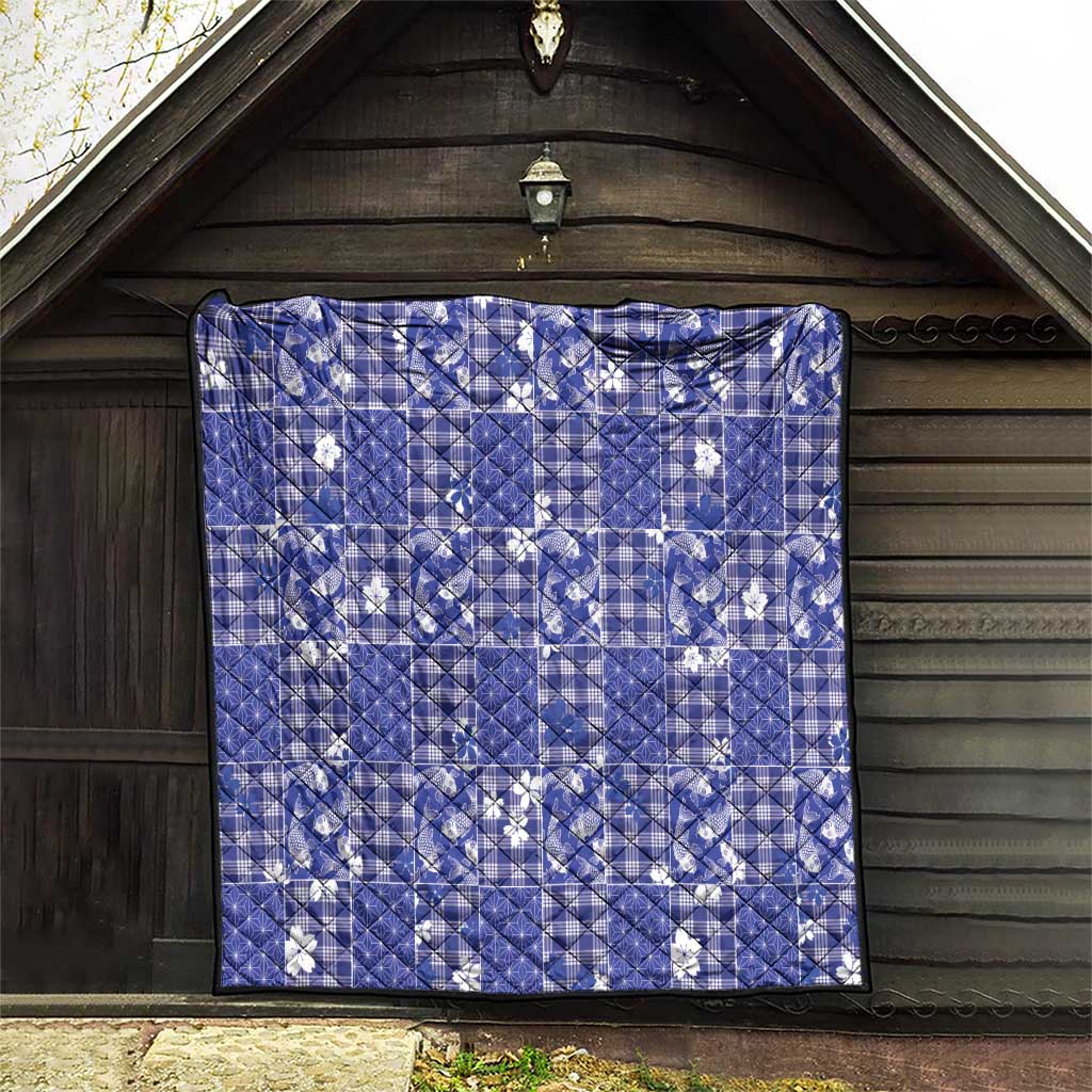 Blue Palaka Japanese Patterns Quilt Koi Fish Asanoha Sakura Patchwork Stylized - Polynesian Pride