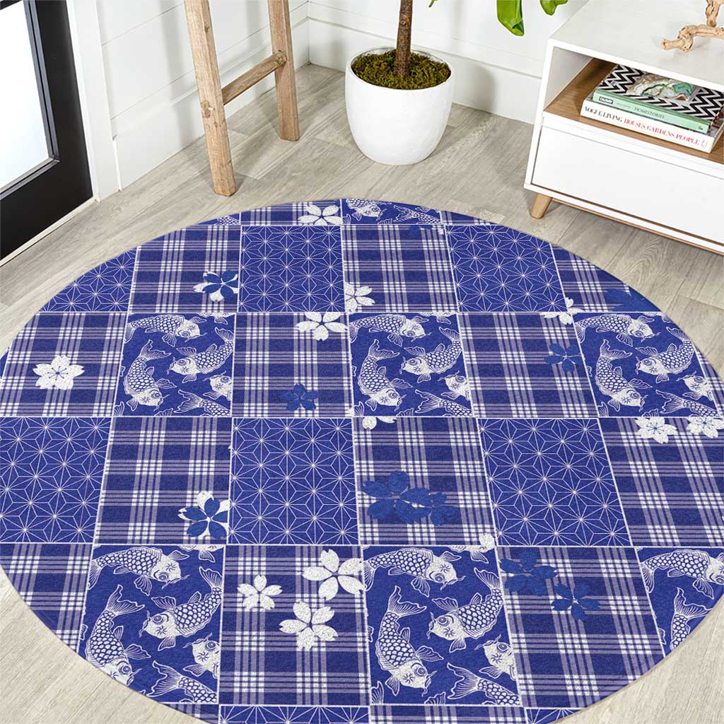 Blue Palaka Japanese Patterns Round Carpet Koi Fish Asanoha Sakura Patchwork Stylized - Polynesian Pride