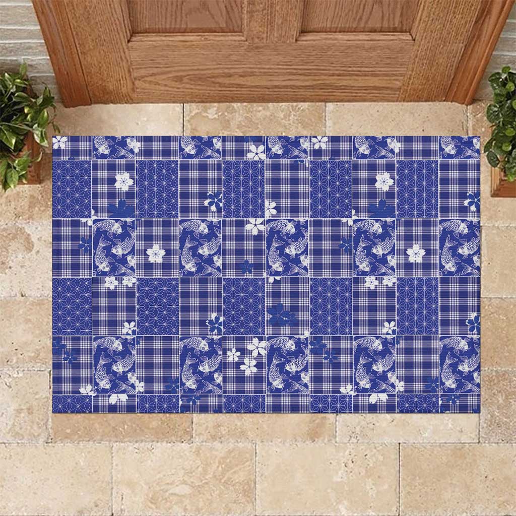 Blue Palaka Japanese Patterns Rubber Doormat Koi Fish Asanoha Sakura Patchwork Stylized - Polynesian Pride