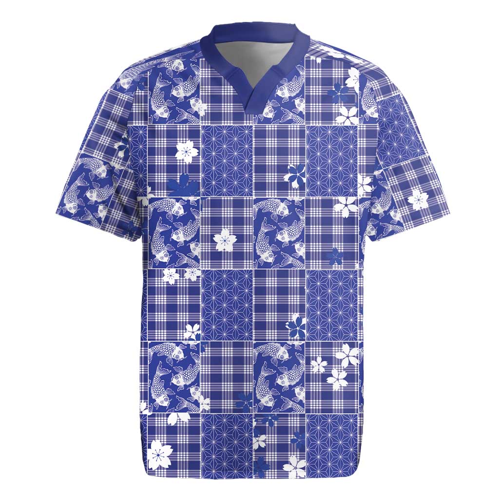 Blue Palaka Japanese Patterns Rugby Jersey Koi Fish Asanoha Sakura Patchwork Stylized - Polynesian Pride