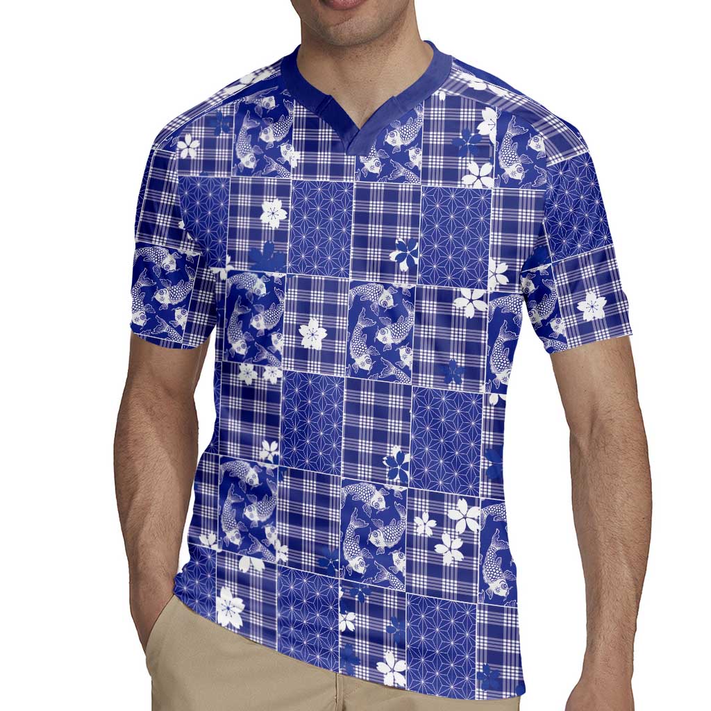Blue Palaka Japanese Patterns Rugby Jersey Koi Fish Asanoha Sakura Patchwork Stylized - Polynesian Pride