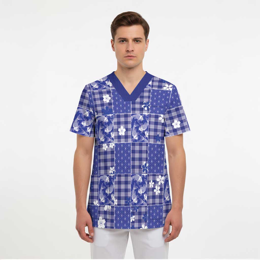 Blue Palaka Japanese Patterns Scrub Top Koi Fish Asanoha Sakura Patchwork Stylized - Polynesian Pride