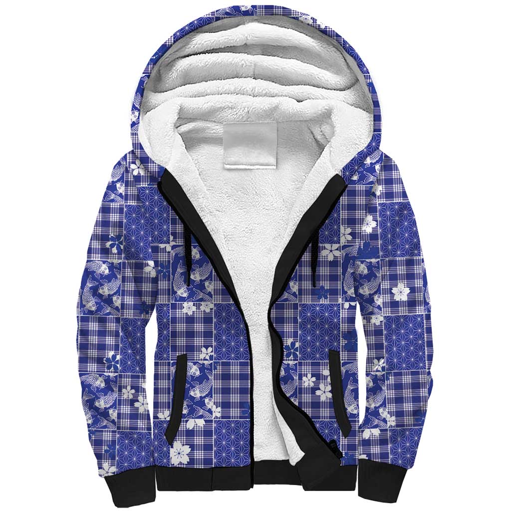 Blue Palaka Japanese Patterns Sherpa Hoodie Koi Fish Asanoha Sakura Patchwork Stylized - Polynesian Pride