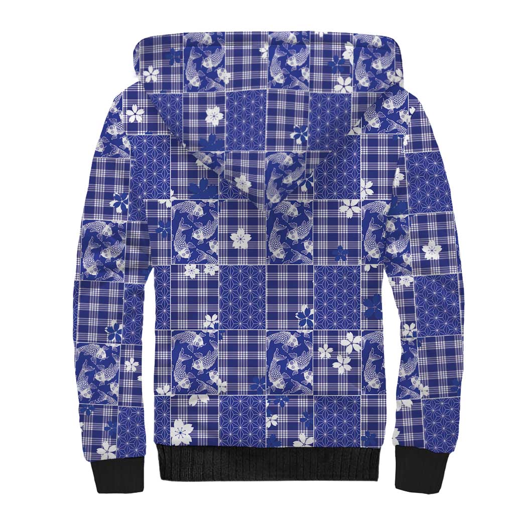 Blue Palaka Japanese Patterns Sherpa Hoodie Koi Fish Asanoha Sakura Patchwork Stylized - Polynesian Pride