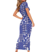 Blue Palaka Japanese Patterns Short Sleeve Bodycon Dress Koi Fish Asanoha Sakura Patchwork Stylized - Polynesian Pride
