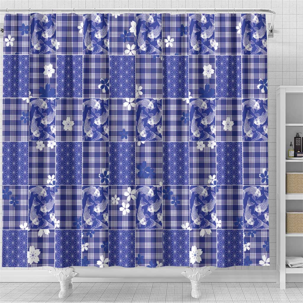 Blue Palaka Japanese Patterns Shower Curtain Koi Fish Asanoha Sakura Patchwork Stylized - Polynesian Pride