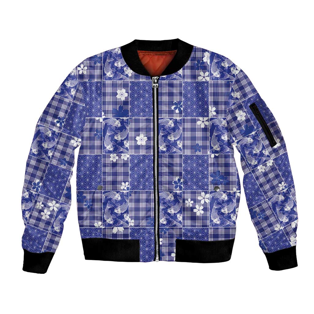 Blue Palaka Japanese Patterns Sleeve Zip Bomber Jacket Koi Fish Asanoha Sakura Patchwork Stylized - Polynesian Pride