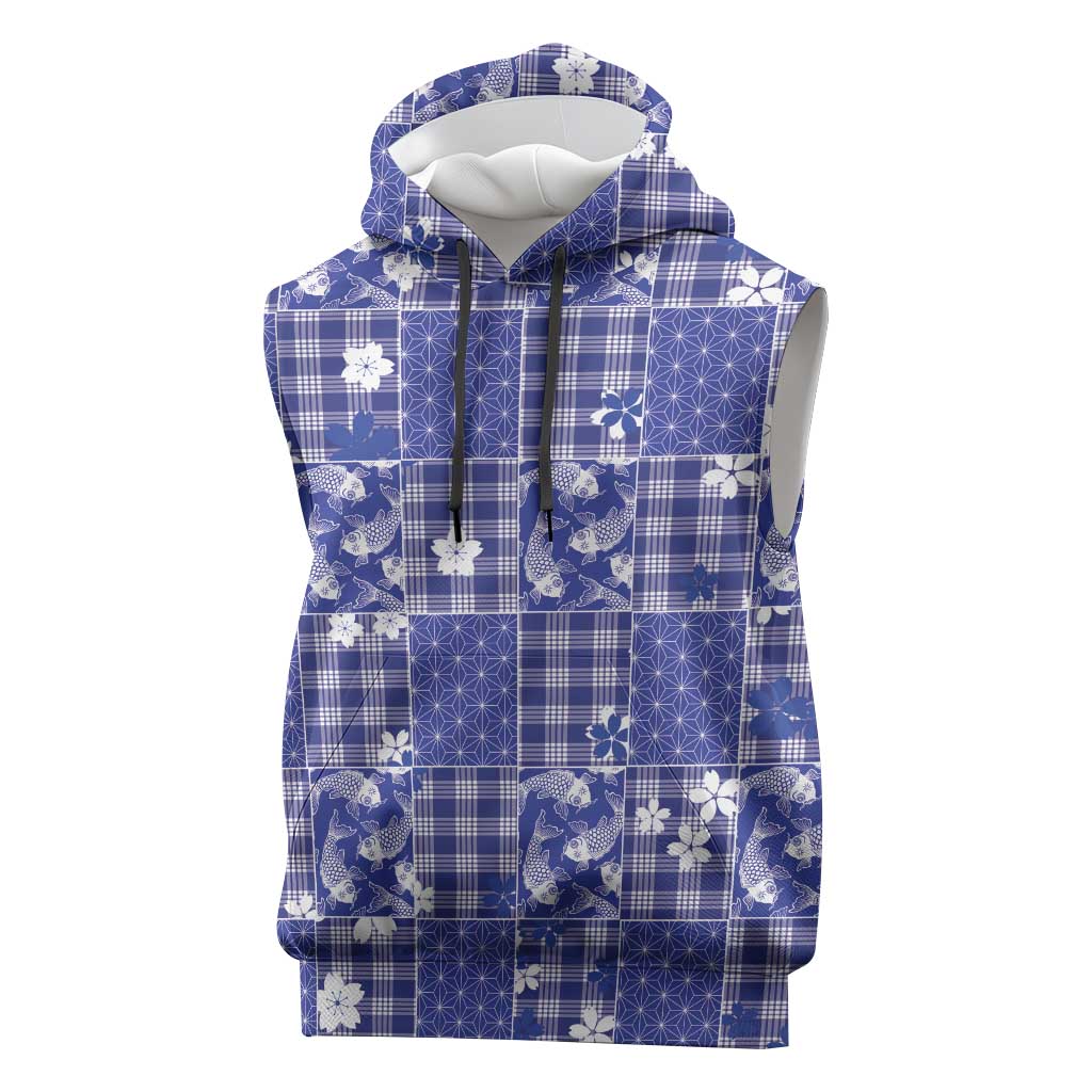 Blue Palaka Japanese Patterns Sleeveless Hoodie Koi Fish Asanoha Sakura Patchwork Stylized - Polynesian Pride
