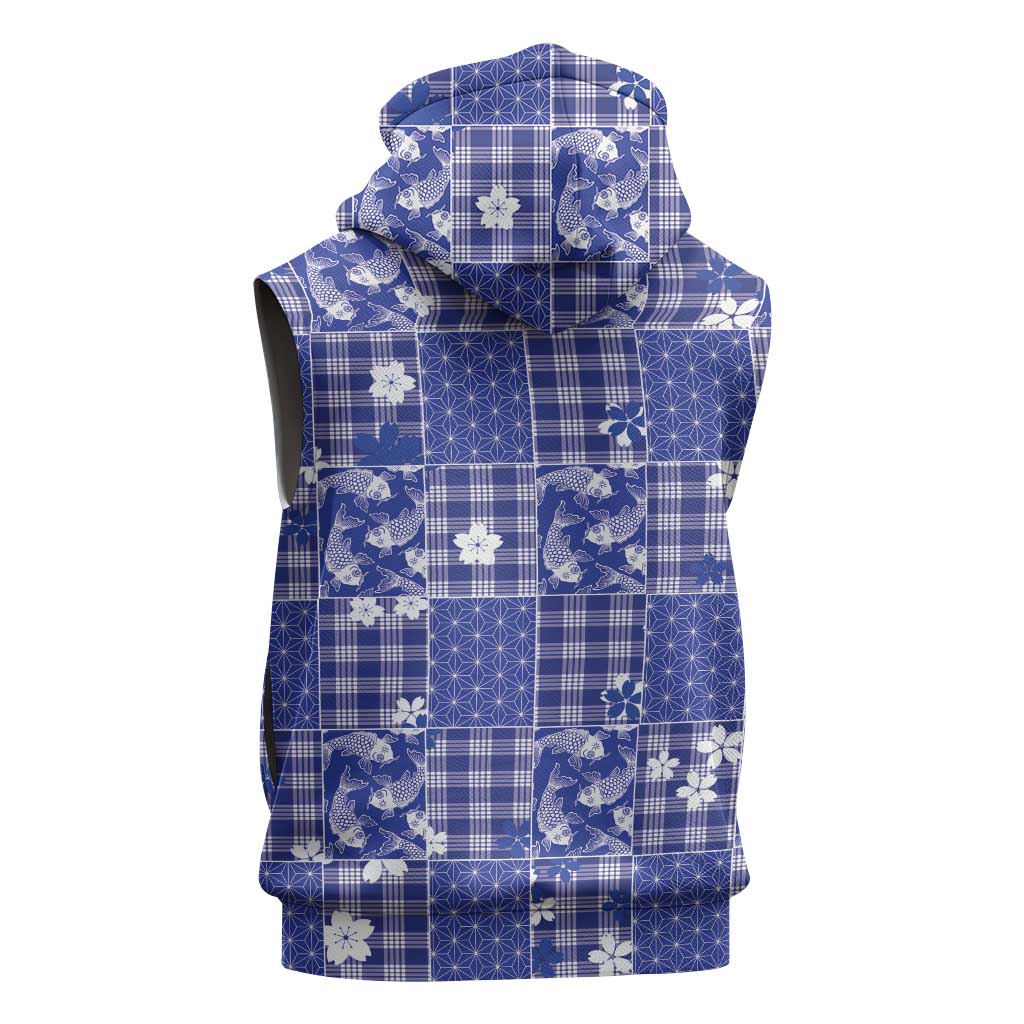 Blue Palaka Japanese Patterns Sleeveless Hoodie Koi Fish Asanoha Sakura Patchwork Stylized - Polynesian Pride