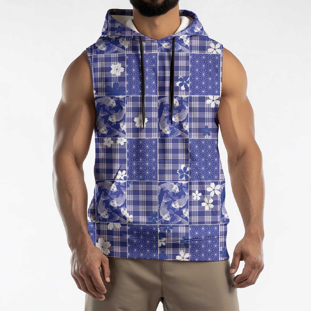 Blue Palaka Japanese Patterns Sleeveless Hoodie Koi Fish Asanoha Sakura Patchwork Stylized - Polynesian Pride