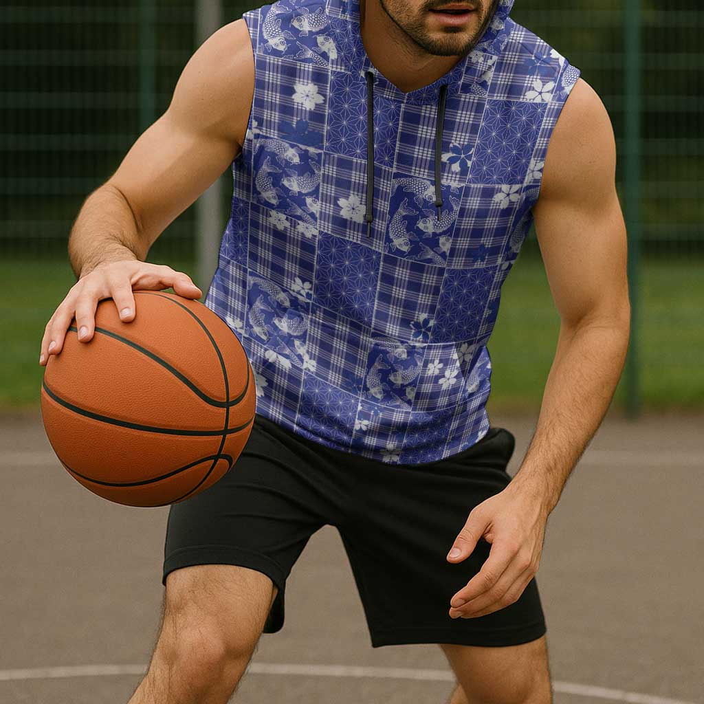 Blue Palaka Japanese Patterns Sleeveless Hoodie Koi Fish Asanoha Sakura Patchwork Stylized - Polynesian Pride