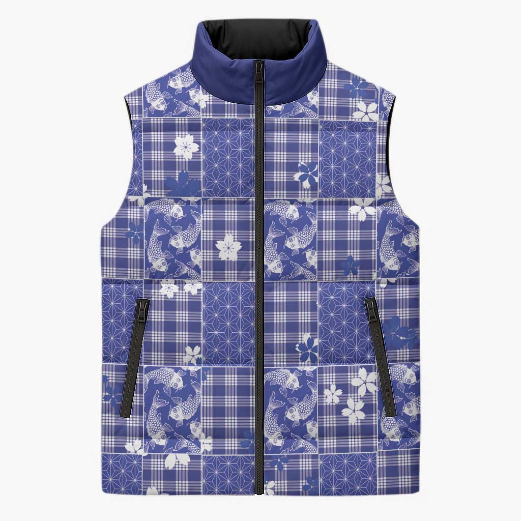 Blue Palaka Japanese Patterns Sleeveless Puffer Jacket Koi Fish Asanoha Sakura Patchwork Stylized - Polynesian Pride