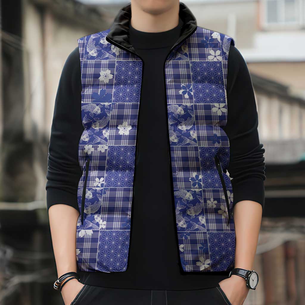 Blue Palaka Japanese Patterns Sleeveless Puffer Jacket Koi Fish Asanoha Sakura Patchwork Stylized - Polynesian Pride