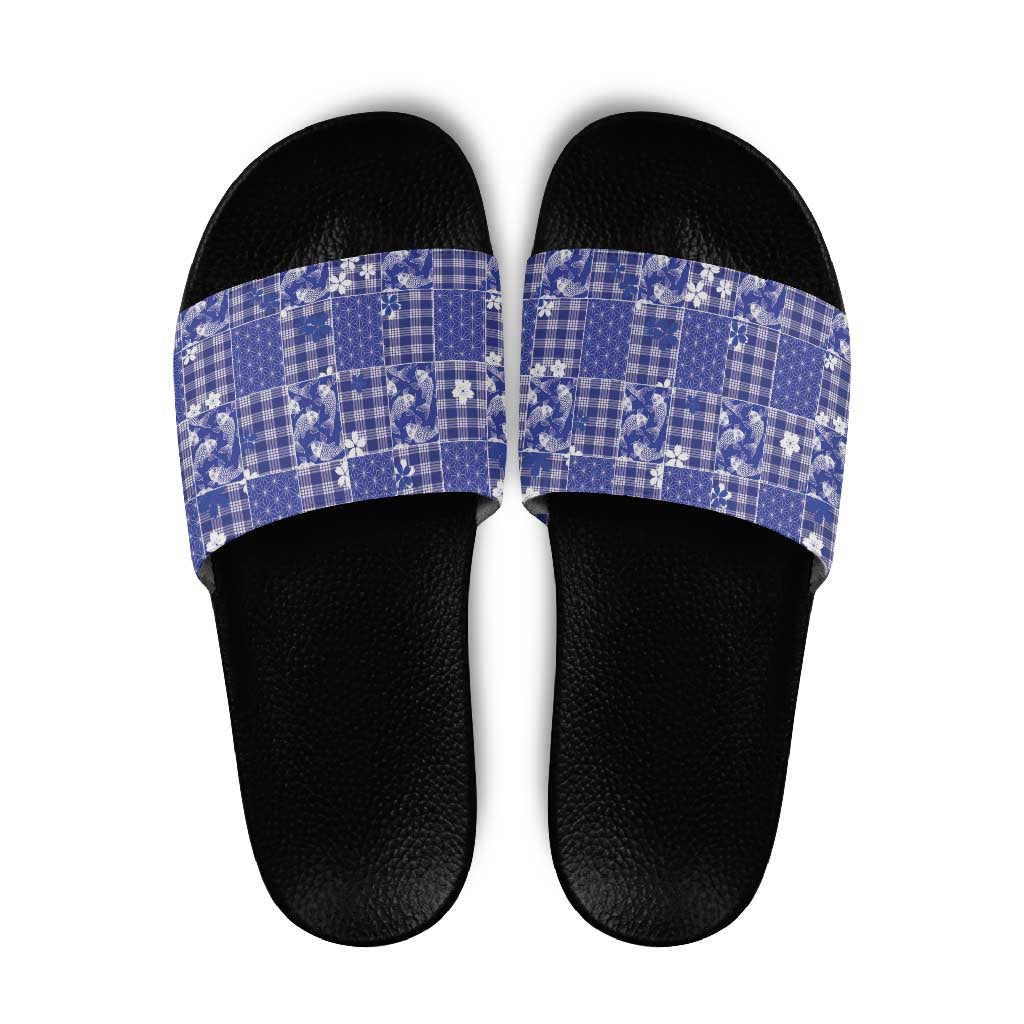 Blue Palaka Japanese Patterns Slide Sandals Koi Fish Asanoha Sakura Patchwork Stylized - Polynesian Pride
