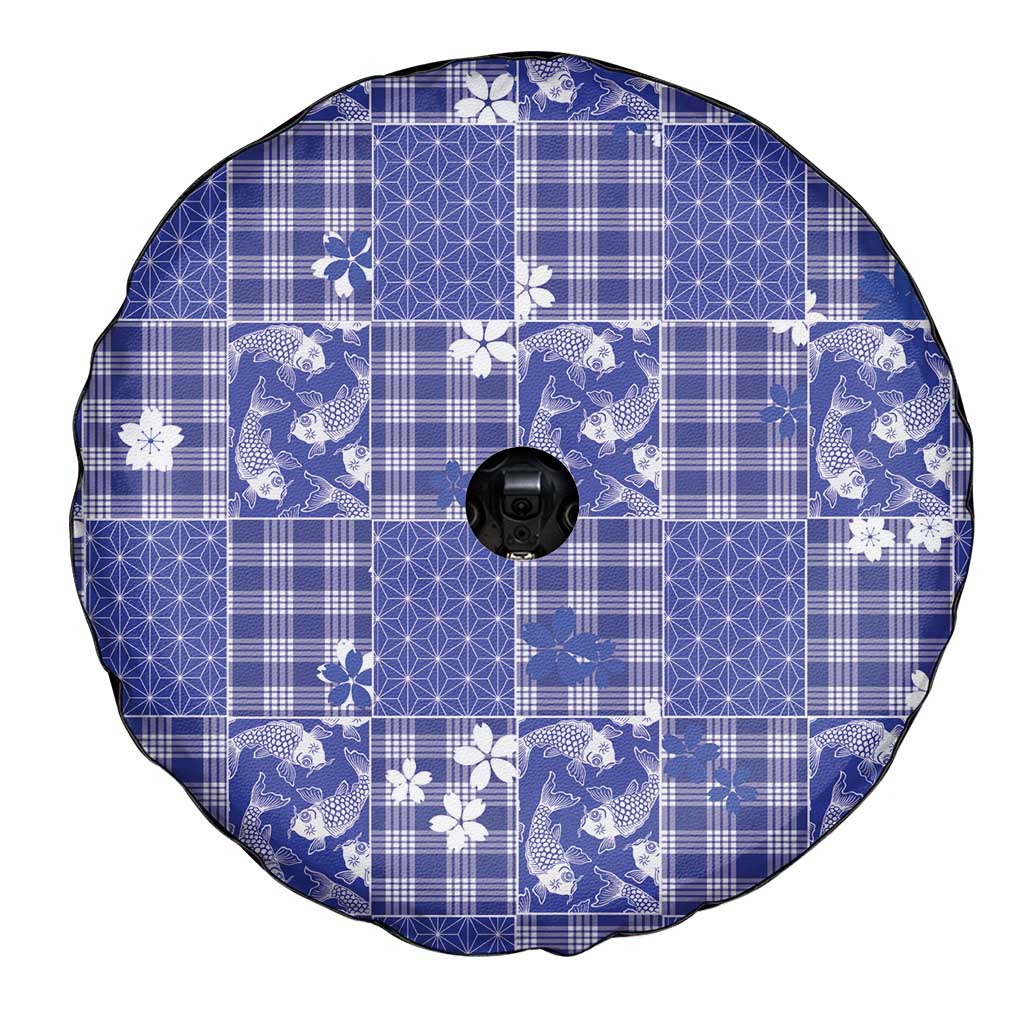 Blue Palaka Japanese Patterns Spare Tire Cover Koi Fish Asanoha Sakura Patchwork Stylized - Polynesian Pride
