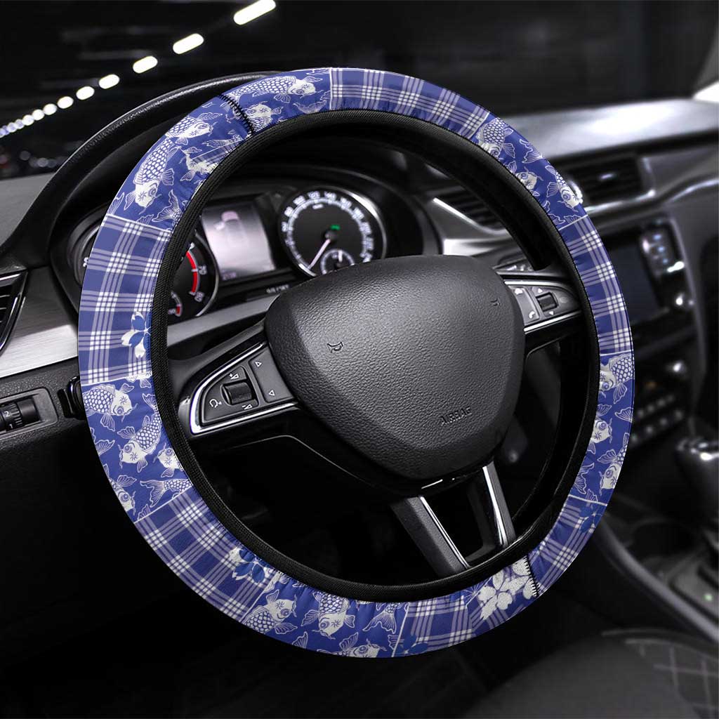 Blue Palaka Japanese Patterns Steering Wheel Cover Koi Fish Asanoha Sakura Patchwork Stylized - Polynesian Pride