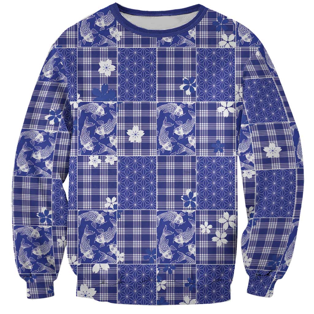 Blue Palaka Japanese Patterns Sweatshirt Koi Fish Asanoha Sakura Patchwork Stylized - Polynesian Pride