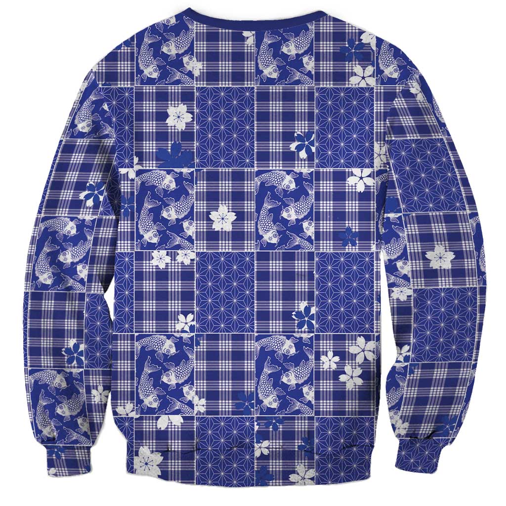 Blue Palaka Japanese Patterns Sweatshirt Koi Fish Asanoha Sakura Patchwork Stylized - Polynesian Pride