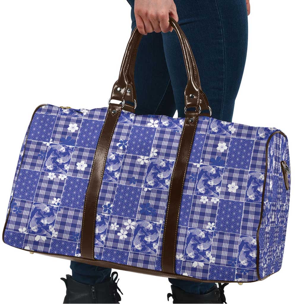 Blue Palaka Japanese Patterns Travel Bag Koi Fish Asanoha Sakura Patchwork Stylized - Polynesian Pride