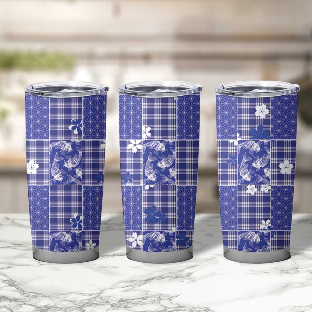 Blue Palaka Japanese Patterns Tumbler Cup Koi Fish Asanoha Sakura Patchwork Stylized - Polynesian Pride