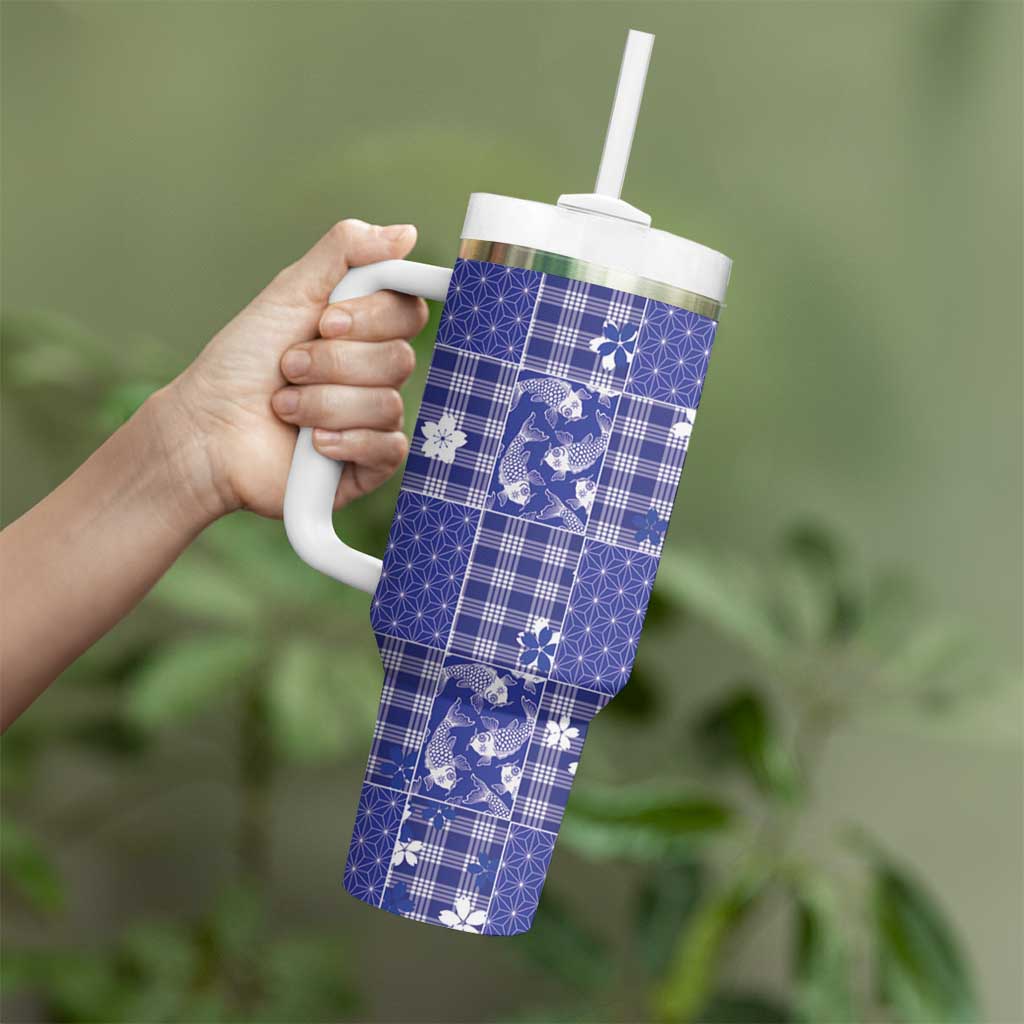 Blue Palaka Japanese Patterns Tumbler With Handle Koi Fish Asanoha Sakura Patchwork Stylized - Polynesian Pride