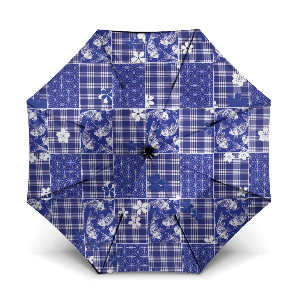 Blue Palaka Japanese Patterns Umbrella Koi Fish Asanoha Sakura Patchwork Stylized - Polynesian Pride
