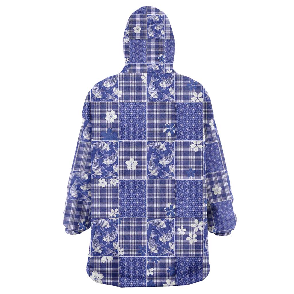 Blue Palaka Japanese Patterns Wearable Blanket Hoodie Koi Fish Asanoha Sakura Patchwork Stylized - Polynesian Pride