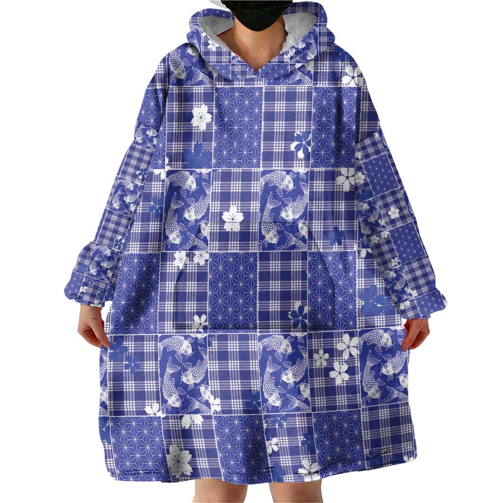 Blue Palaka Japanese Patterns Wearable Blanket Hoodie Koi Fish Asanoha Sakura Patchwork Stylized - Polynesian Pride